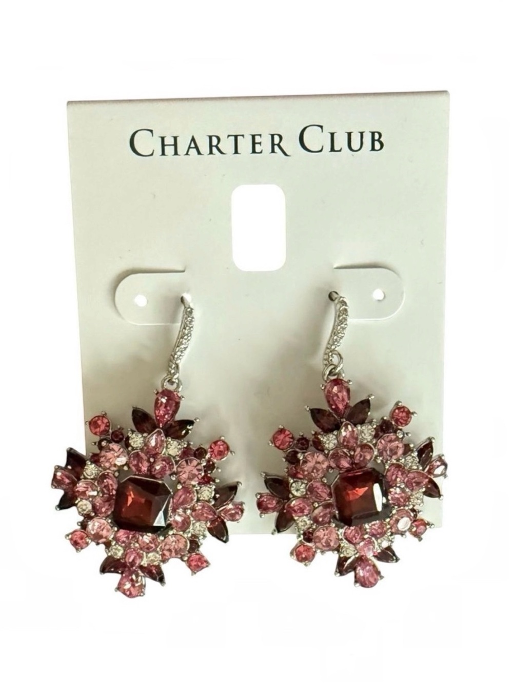 Charter Club Pink Burgundy Crystal Flower Statement Drop Earrings NWT